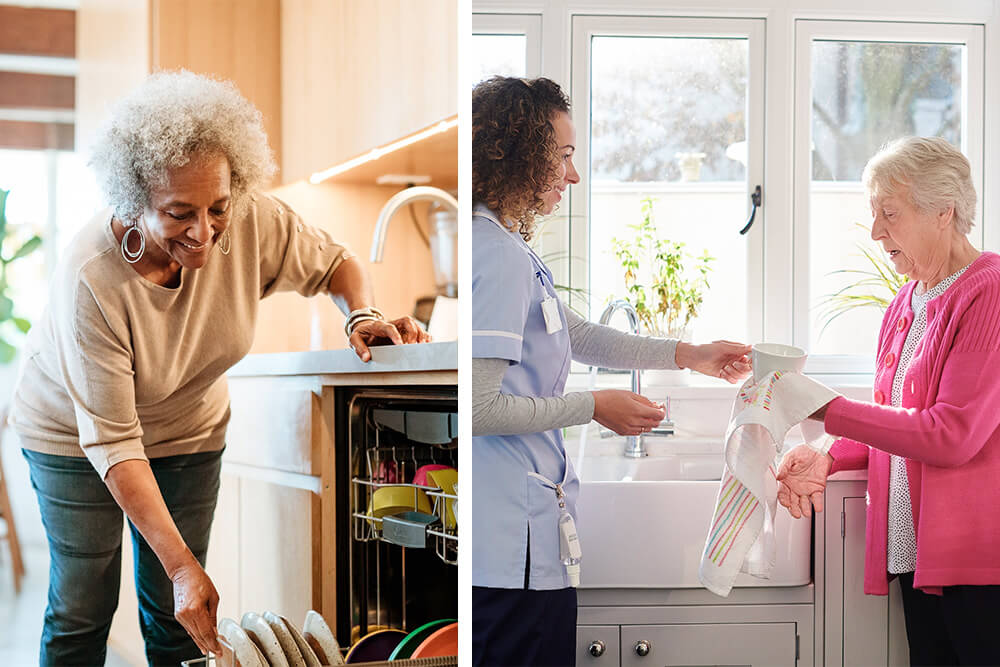 two images with a person tidying up around the house alone and a person getting help from a Winchester Gardens employee